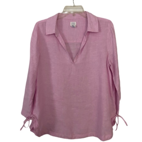 Sigrid Olsen Linen Top 3/4 Sleeve V Neck Collar Laces on the Sides Size Medium - Picture 1 of 12